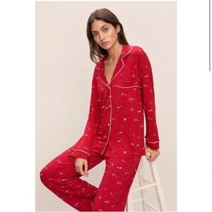 New Eberjey Gisele Printed Long PJ Set in Winter Wonderland Haute Red Size XXL